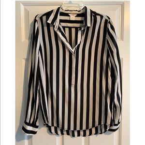 Long sleeve silky beige/black stripe blouse